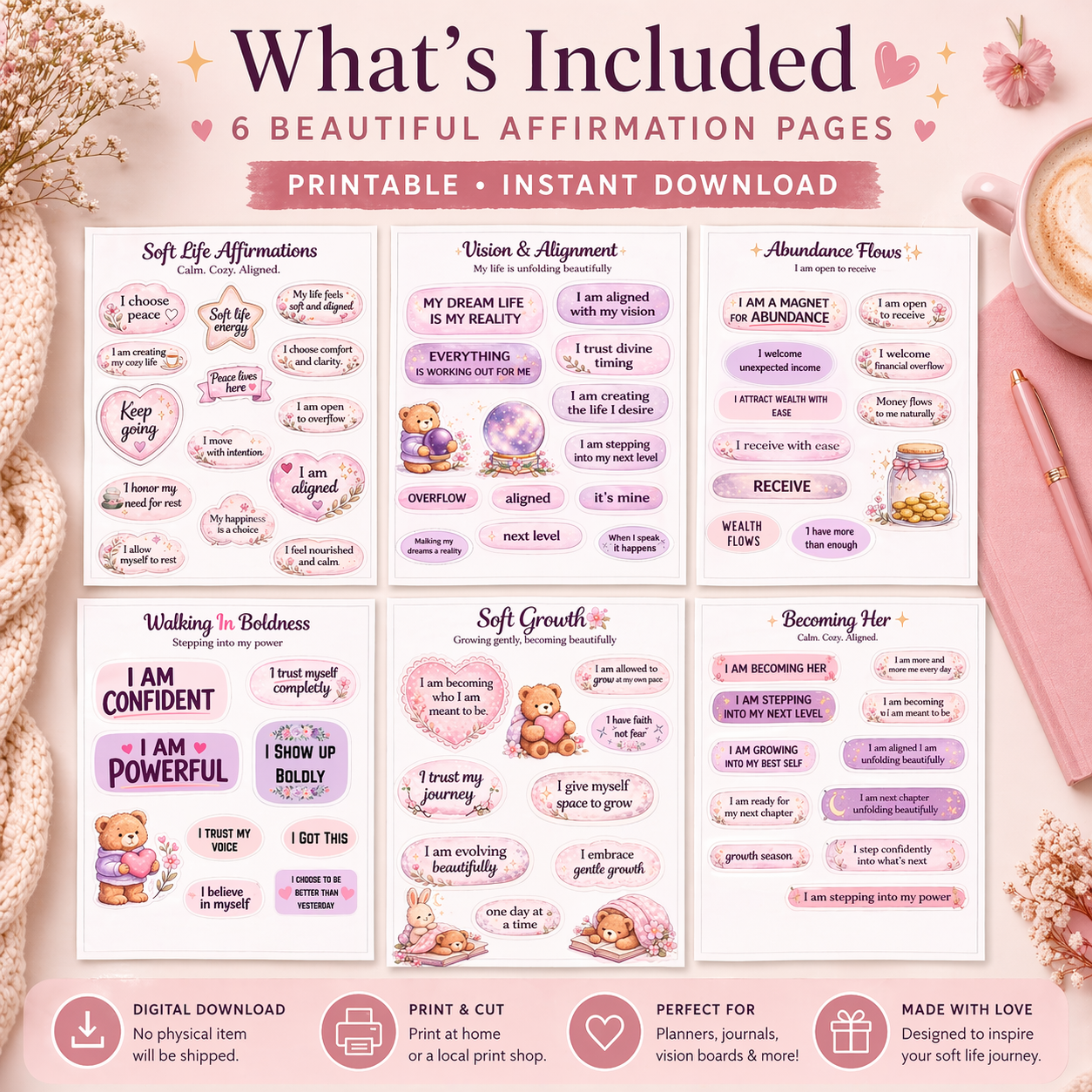 Soft Life Affirmations Printable Bundle | Cozy Aesthetic Stickers | Vision Board Kit | Self Love & Abundance Digital Download