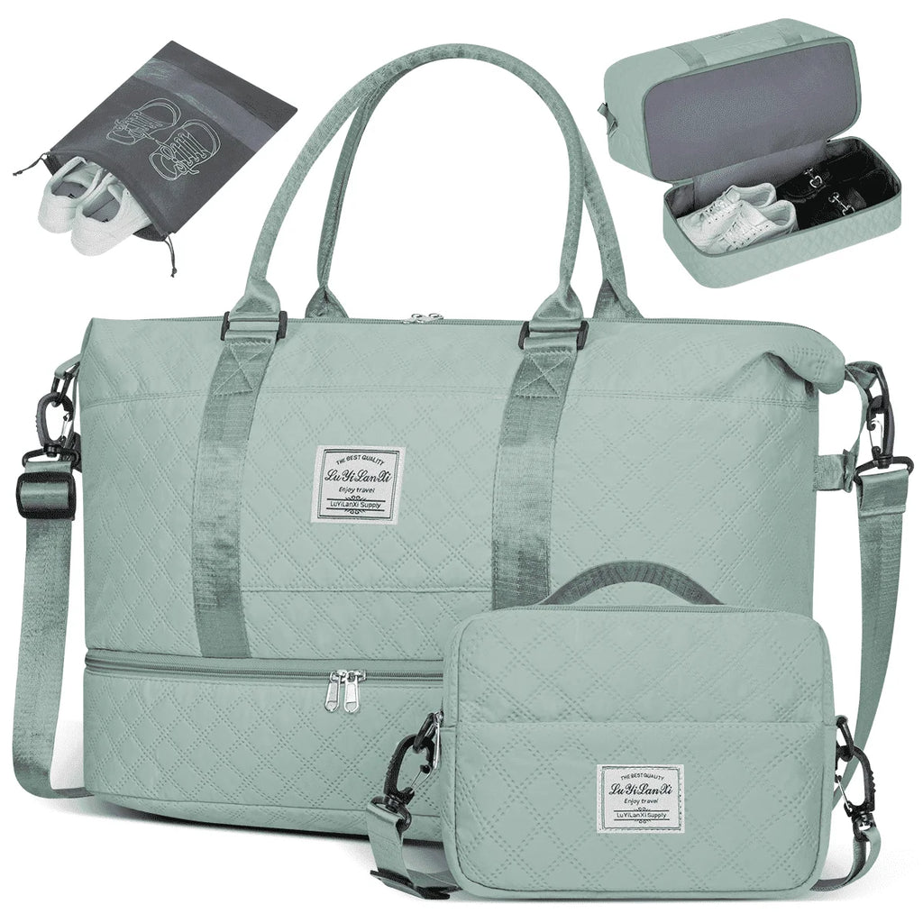 Travel Bag with Shoes Compartment, 40L Weekender Overnight Duffel Bag with Toiletry Bag and Shoes Bag, Gym Bag for Women with Wet Pocket, Personal Carry on Bag for Women, Travel, Gym, Weekend, Blue