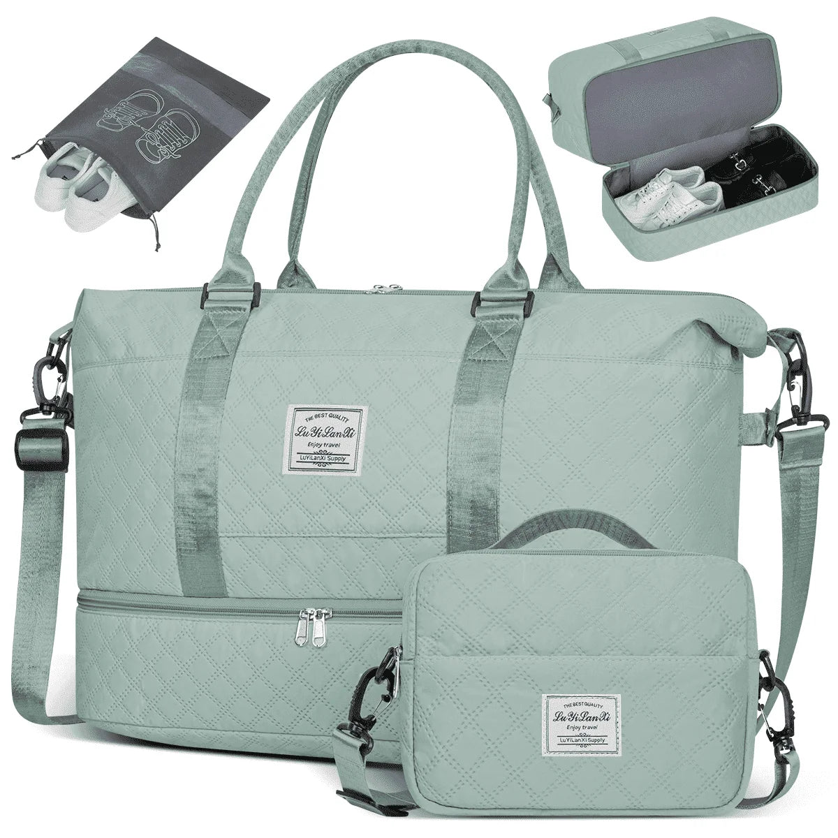 Travel Bag with Shoes Compartment, 40L Weekender Overnight Duffel Bag with Toiletry Bag and Shoes Bag, Gym Bag for Women with Wet Pocket, Personal Carry on Bag for Women, Travel, Gym, Weekend, Blue