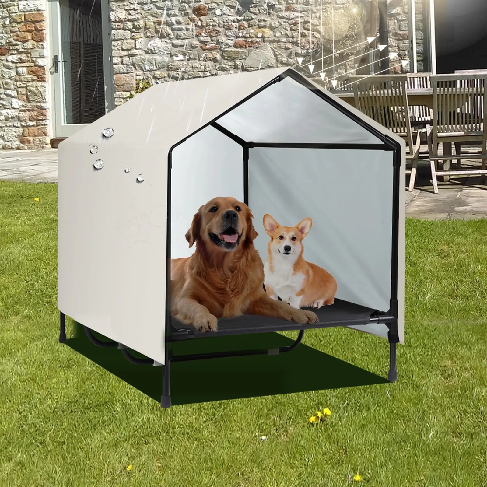 CAREDPETS Indoor Outdoor Dog House for Large XL XXL Jumbo Dogs | XLarge Raised Elevated Dog Bed Cot with Canopy Waterproof & Sunproof Outside Outdoor Dog Shade Shelter Tent (51" x 34" x 38")