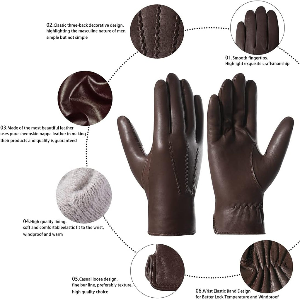 Leather Gloves for Men,Winter Sheepskin Driving Gloves Cashmere Lined