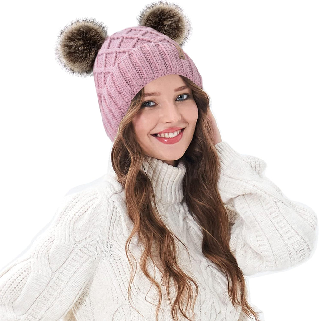 Womens Winter Hat Cable Knit Beanie for Women Faux Fur Pompom Ears