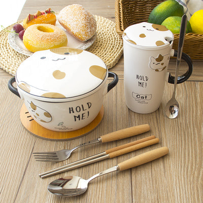 Large Capacity Ceramic Cat Mug with Lid and Spoon