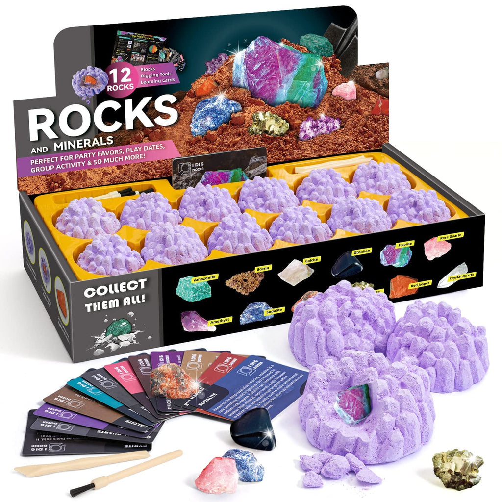 Byncceh Mineral Mining Kit Rock Mining Kit Gem Dig Kit - Dig up 12 Rock & Mineral Collection Gemstones & Crystals Dig Kit for Kids Gemology Mining Gift Rocks Minerals Excavation Toys for Boys Girls
