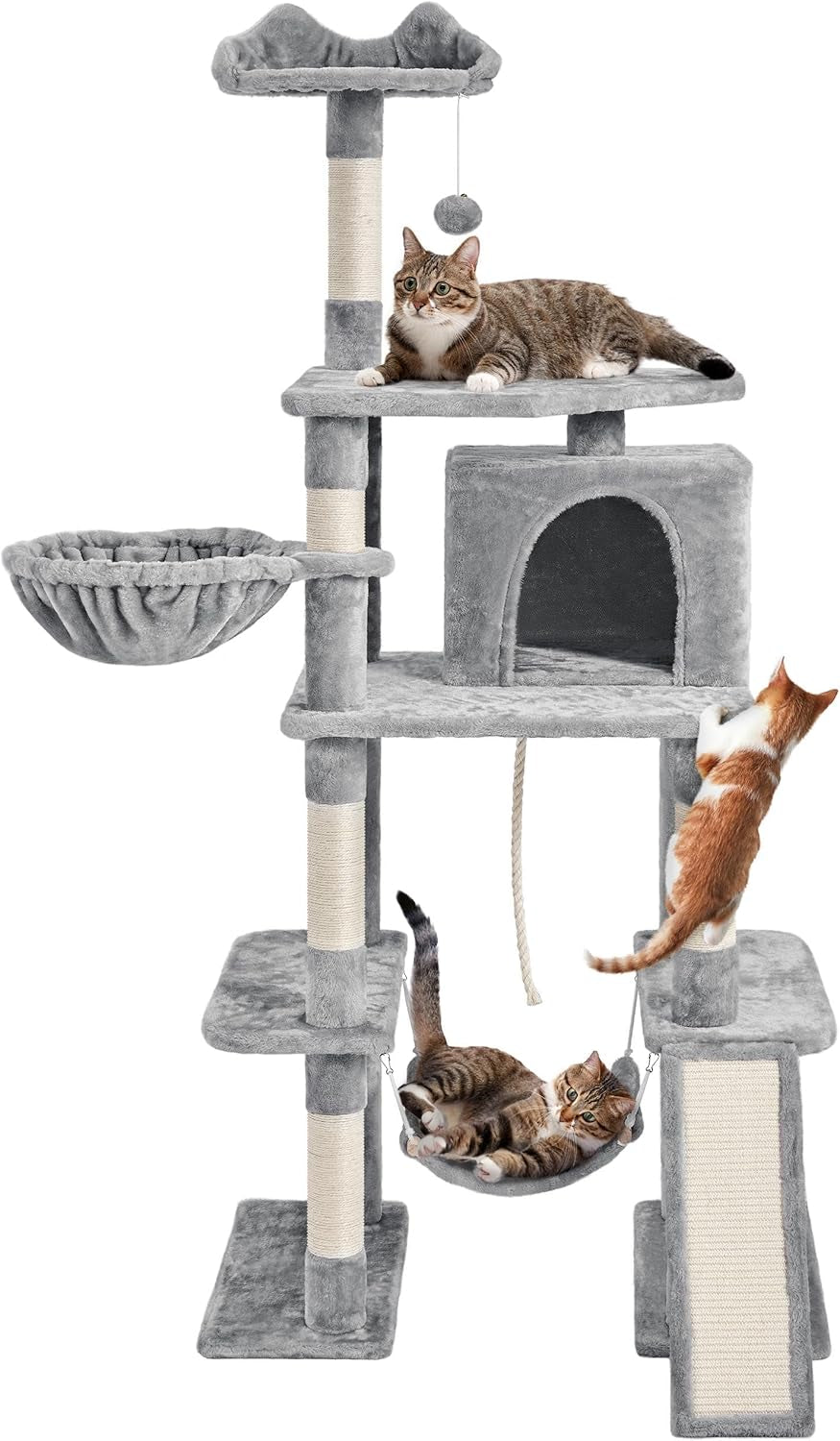 70 Inches Stable Cat Tree with Padded Platform, Replaceable Dangling Balls, Hammock, Basket and Condo, Cat Tower Furniture for Kittens, Cats and Pets