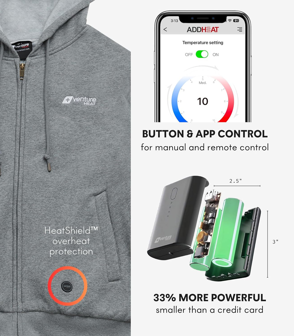 Heated Jacket Hoodie for Men & Women – Winter Coat, Outdoor Clothing, Bluetooth Controlled with 3 Adjustable Heating Zones