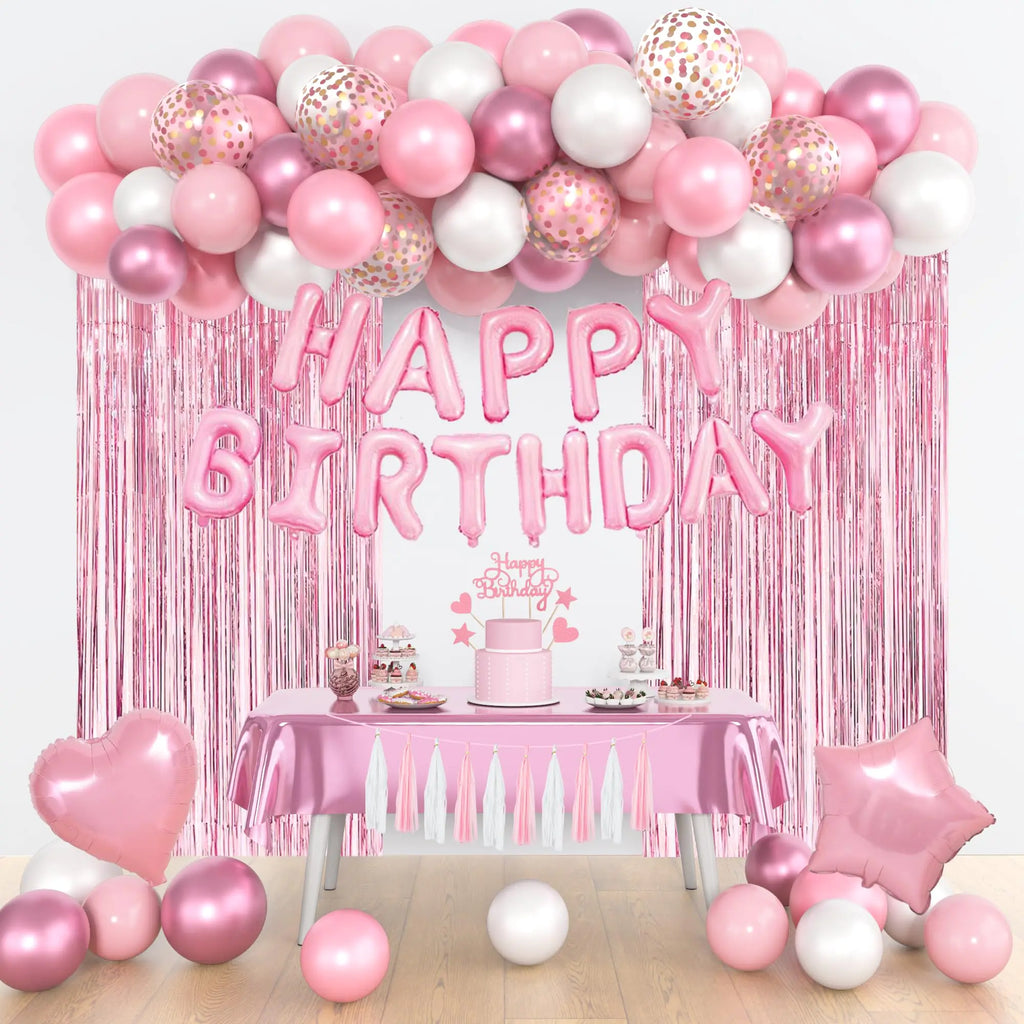 Pink Birthday Party Decorations Happy Birthday Banner Tablecloth Cake Toppers Fringe Curtain Tassels Pink and White Confetti Foil Balloons for Girls Women Wedding Baby Shower Party Supplies