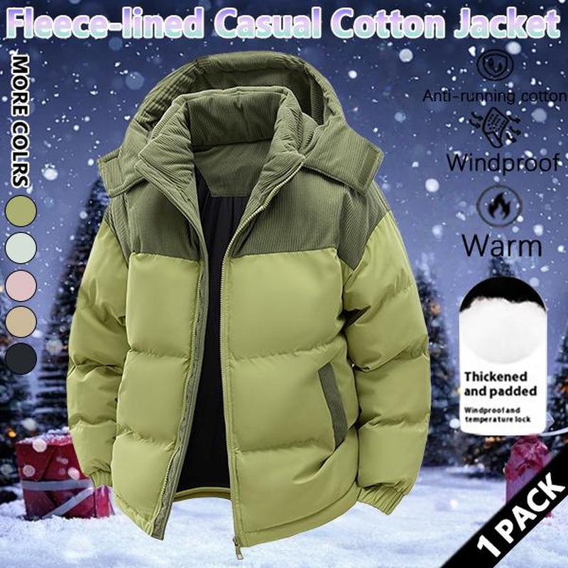 Winter Hooded Casual Fleece-Lined Men'S Coat,Removable Hood,Warm Color-Blocked Cotton Jacketcouples' Style Winter Cotton Coat, Outerwear Top.