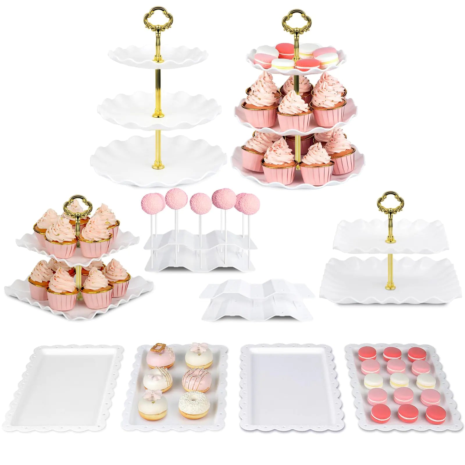 Pack of 10 NWK Cake Stand Cupcake Stand with 2x Large 2-Tier Cupcake Stands 2x Large 3-Tier Cupcake Stands 4 x Appetizer Trays 2 x Cake Pop Stands for Birthday Baby Shower Party Decorations (Gold)