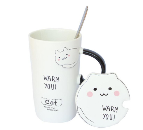 Large Capacity Ceramic Cat Mug with Lid and Spoon