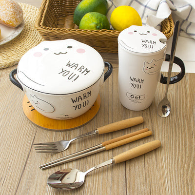 Large Capacity Ceramic Cat Mug with Lid and Spoon