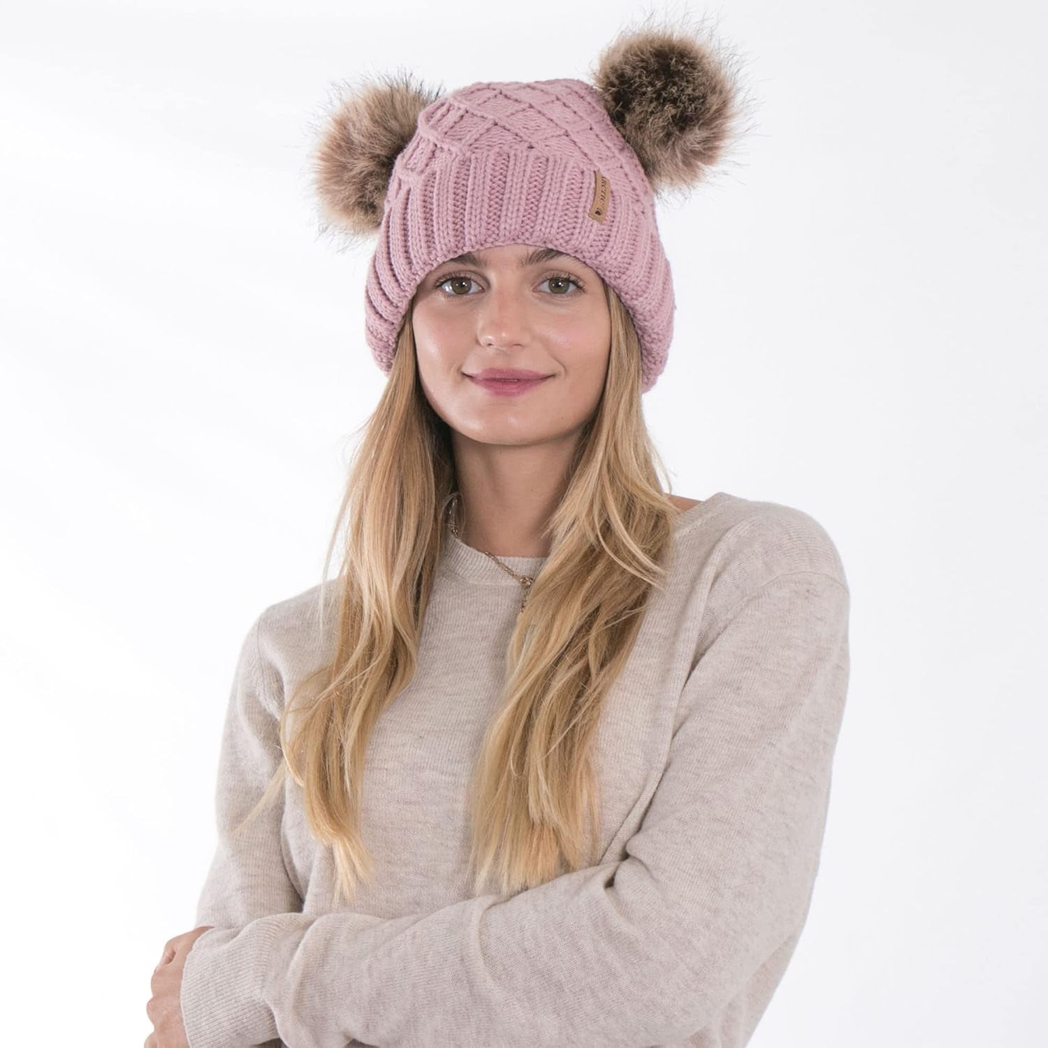 Womens Winter Hat Cable Knit Beanie for Women Faux Fur Pompom Ears