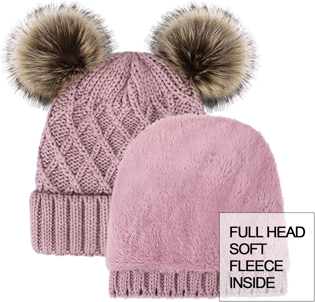 Womens Winter Hat Cable Knit Beanie for Women Faux Fur Pompom Ears