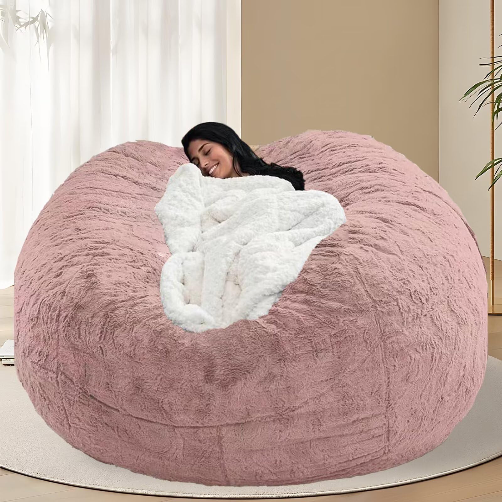 BCU 6FT Bean Bag Chair for Adults and Kids Without Filler Giant Stuffed Animal Storage Cover Soft Faux Fur Floor Chair Cover for Bedroom Living Room Powder Pink