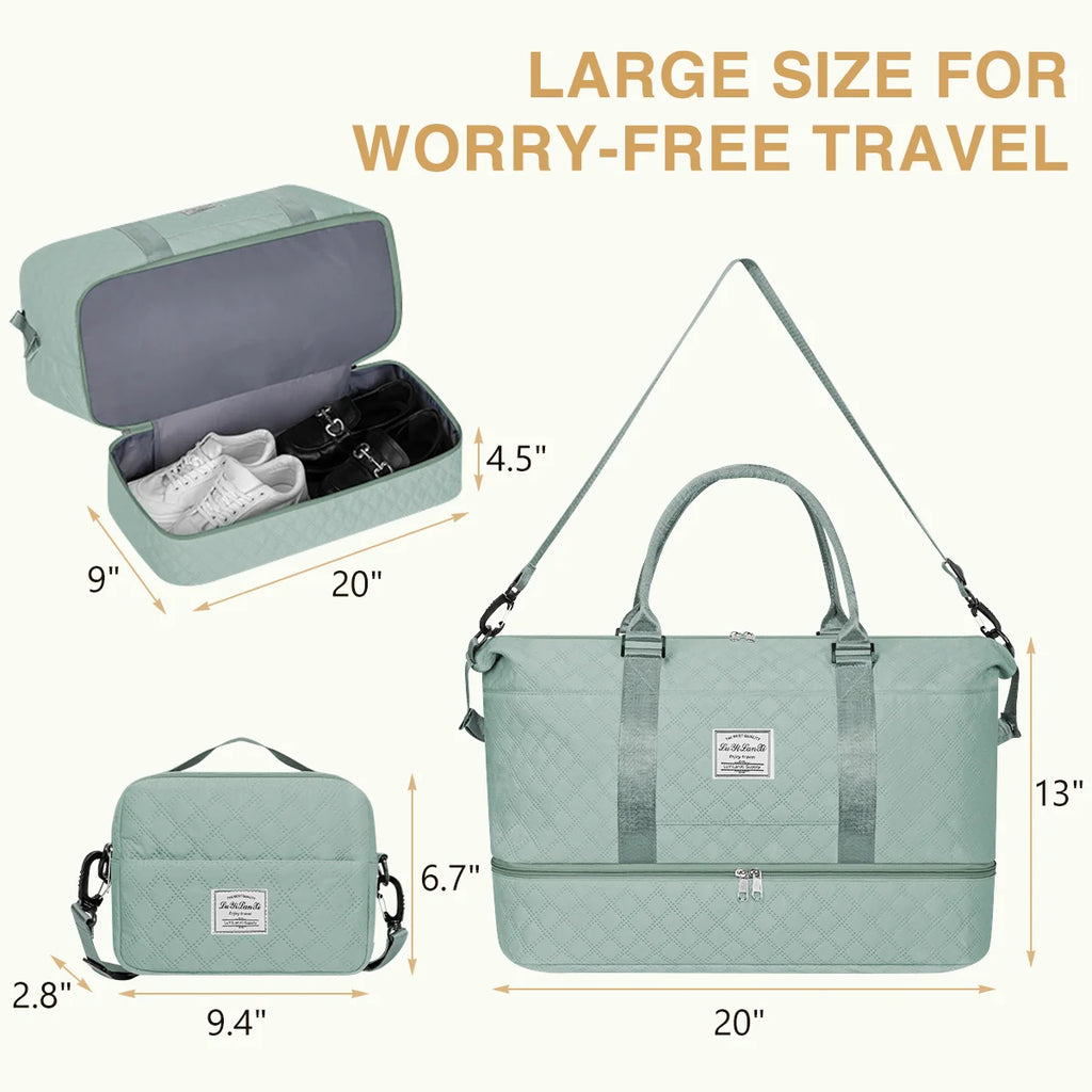 Travel Bag with Shoes Compartment, 40L Weekender Overnight Duffel Bag with Toiletry Bag and Shoes Bag, Gym Bag for Women with Wet Pocket, Personal Carry on Bag for Women, Travel, Gym, Weekend, Blue