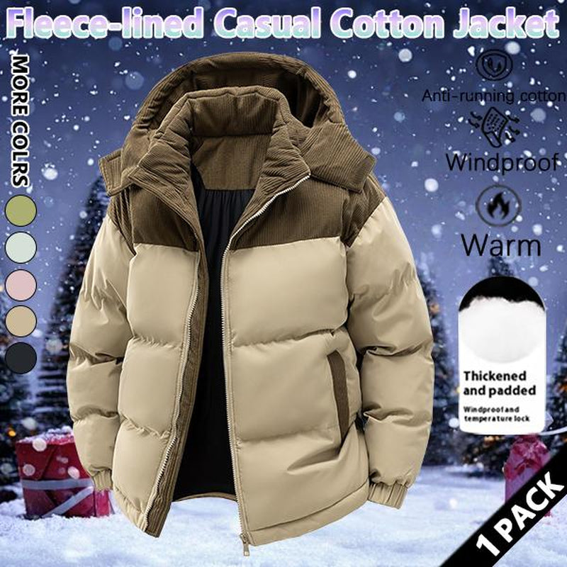 Winter Hooded Casual Fleece-Lined Men'S Coat,Removable Hood,Warm Color-Blocked Cotton Jacketcouples' Style Winter Cotton Coat, Outerwear Top.