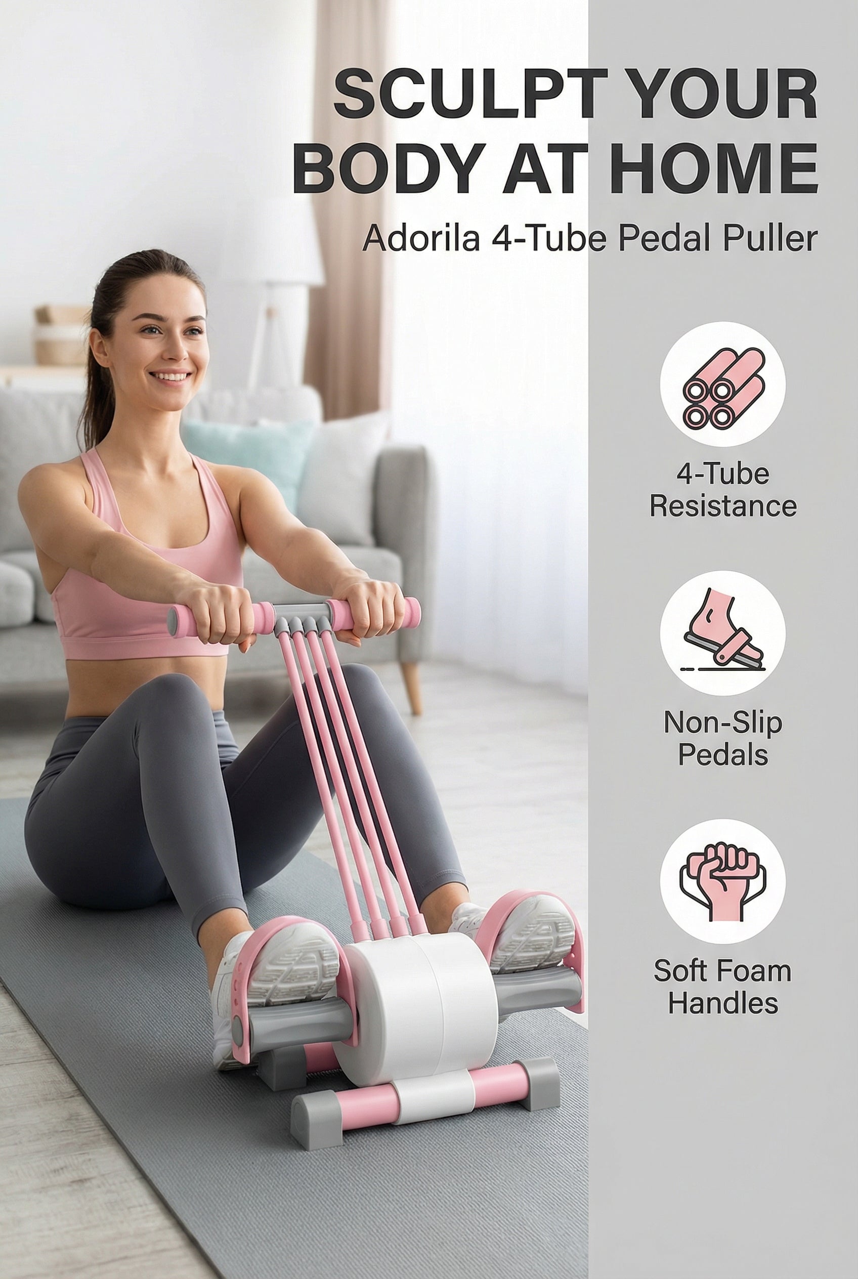 Adorila Multifunction Tension Rope Fitness 4-Tube Elastic Pedal Puller Resistance Rope Pedal Resistance Band for Abdomen Waist Arm Leg Stretching (Pink)