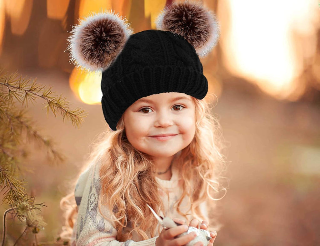 Warm Kids Boys Girls Winter Hat with Pompom Ears Elastic Knitted Toddler Beanie Hats for Girls Boys