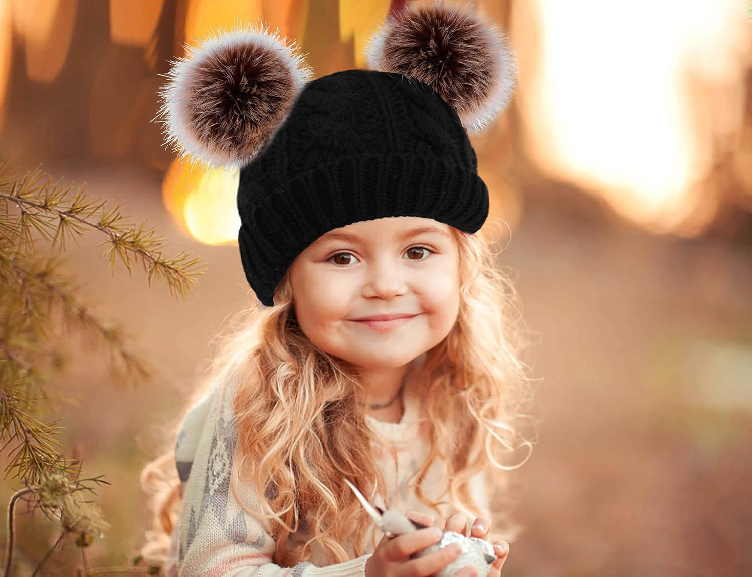 Warm Kids Boys Girls Winter Hat with Pompom Ears Elastic Knitted Toddler Beanie Hats for Girls Boys