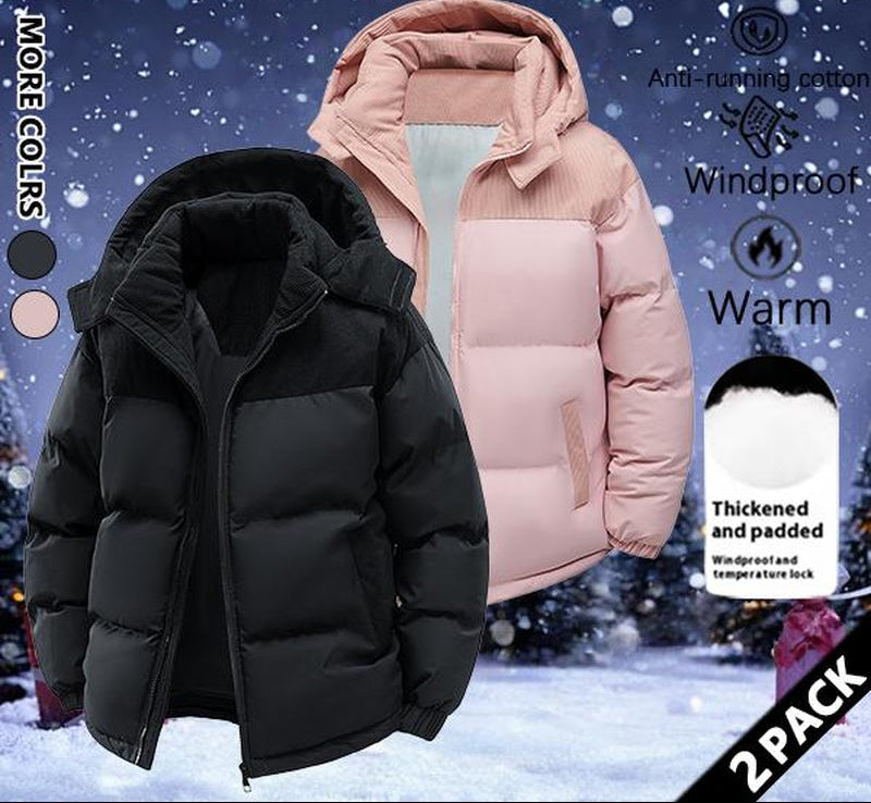 Winter Hooded Casual Fleece-Lined Men'S Coat,Removable Hood,Warm Color-Blocked Cotton Jacketcouples' Style Winter Cotton Coat, Outerwear Top.