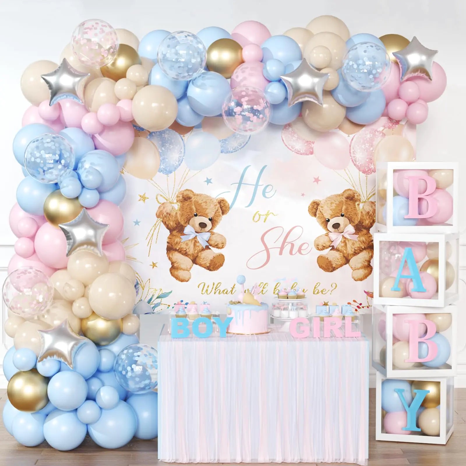 BIENAN Gender Reveal Baby Boxes Balloon Decorations 158pcs Pink Blue Balloons Arch Kit 4pcs Baby Box with Letters Bear Gender Reveal Backdrop for Baby Shower He or She Gender Reveal Party Supplies