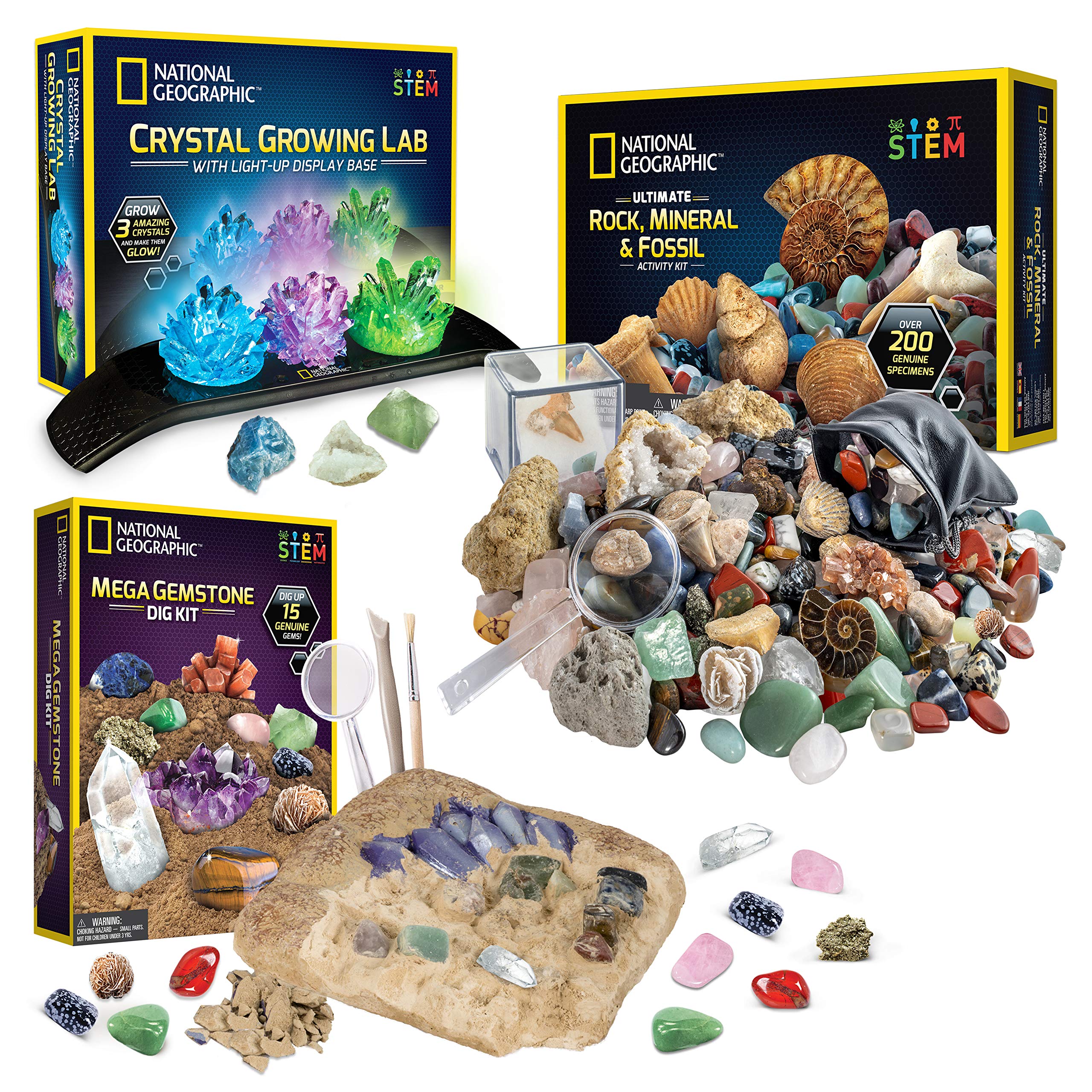 NATIONAL GEOGRAPHIC Geology Bundle – Including Rock Collection Box for Kids Crystal Growing Kit and Gemstone Dig Kit Real Gemstones and Crystals Science Kit for Boys and Girls (Amazon Exclusive)