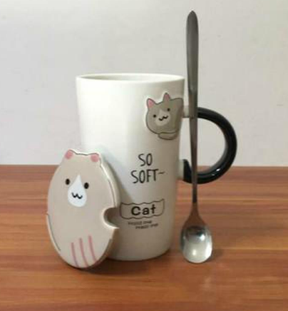 Large Capacity Ceramic Cat Mug with Lid and Spoon
