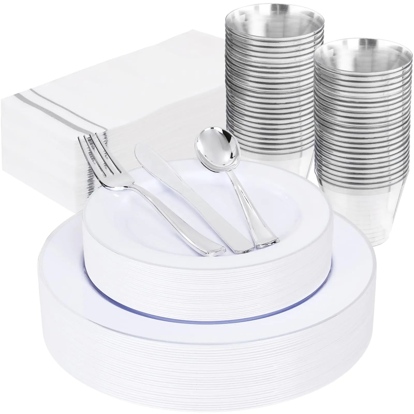 SUT 175Pcs White Plastic Plates for 25 Guests Plastic Plates for Party and Wedding Plates Disposable Heavy Duty Plastic Plates Disposable Party Plates and Cups and Napkins Sets