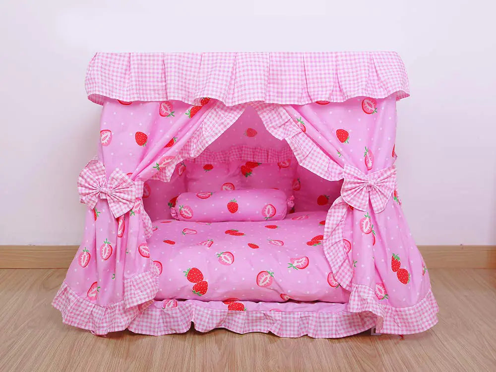 Kolachic Princess Pink Strawberry Pet Dog Cat Handmade Bed House+1 Candy Pillow Canopy (M)