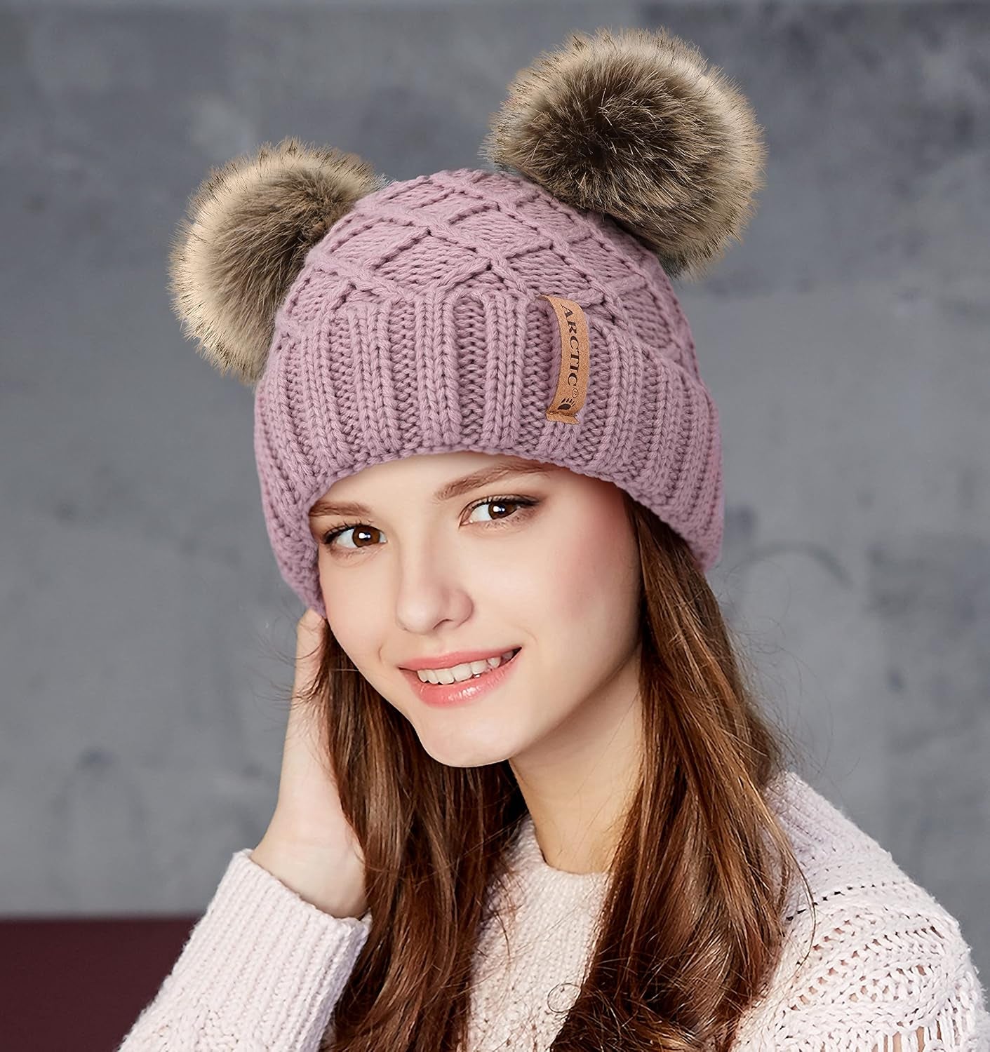 Womens Winter Hat Cable Knit Beanie for Women Faux Fur Pompom Ears