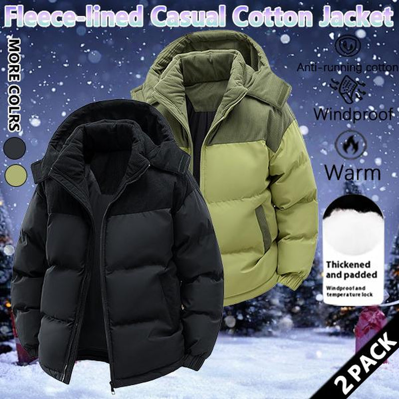 Winter Hooded Casual Fleece-Lined Men'S Coat,Removable Hood,Warm Color-Blocked Cotton Jacketcouples' Style Winter Cotton Coat, Outerwear Top.