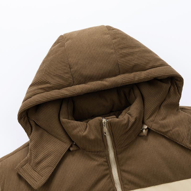 Winter Hooded Casual Fleece-Lined Men'S Coat,Removable Hood,Warm Color-Blocked Cotton Jacketcouples' Style Winter Cotton Coat, Outerwear Top.