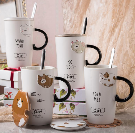 Large Capacity Ceramic Cat Mug with Lid and Spoon