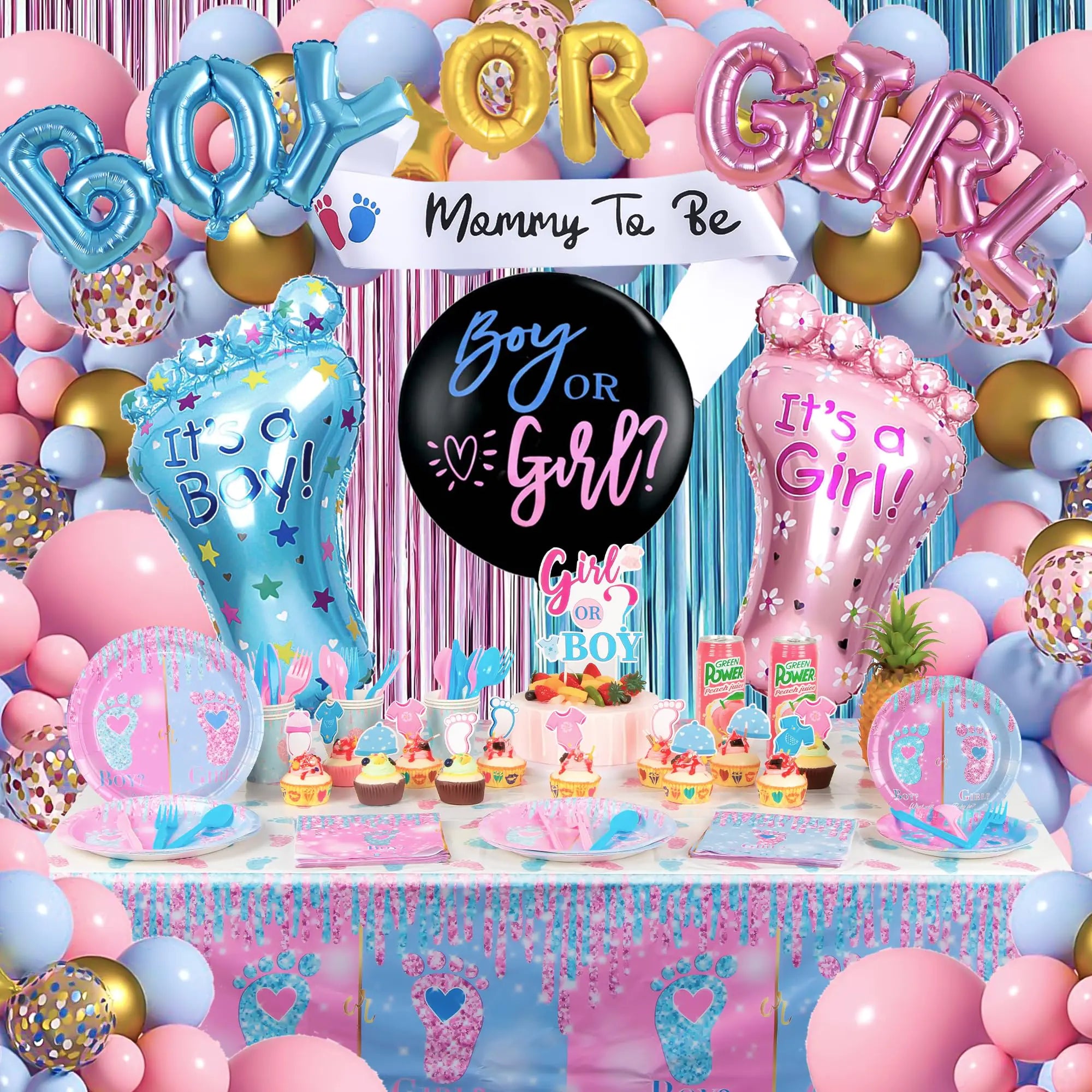 Boy or Girl Gender Reveal Party Decorations Baby Gender Reveal Decorations Including Tableware Balloons Plates Cake Toppers