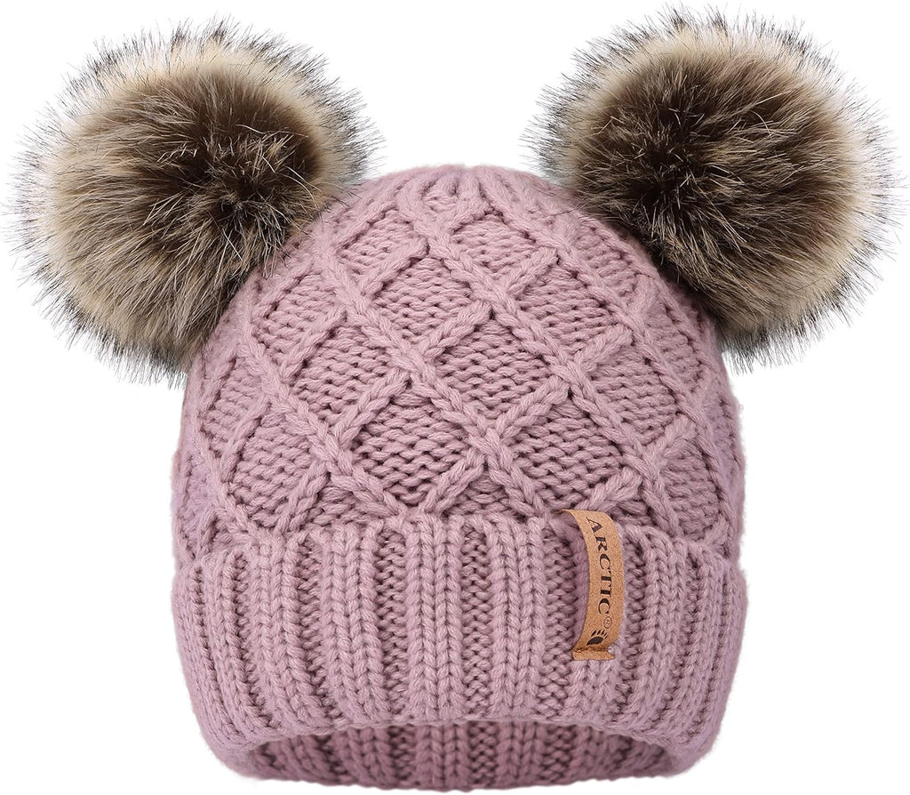 Womens Winter Hat Cable Knit Beanie for Women Faux Fur Pompom Ears