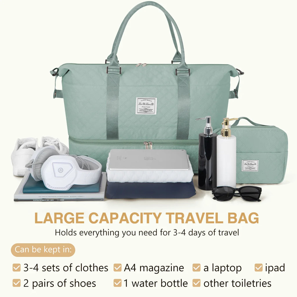 Travel Bag with Shoes Compartment, 40L Weekender Overnight Duffel Bag with Toiletry Bag and Shoes Bag, Gym Bag for Women with Wet Pocket, Personal Carry on Bag for Women, Travel, Gym, Weekend, Blue