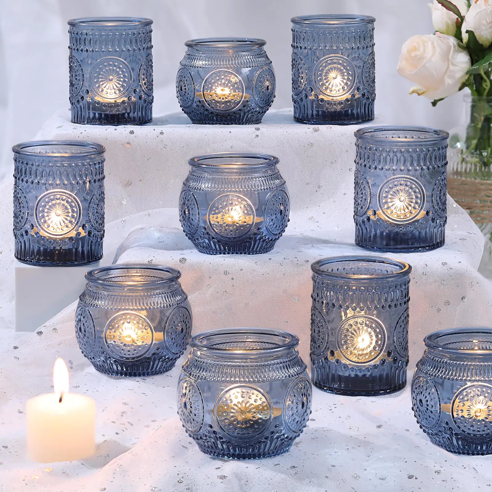 DARJEN 12Pcs Blue Votive Candle Holders - Votive Candle Holders Bulk Glass Candle Holder for Party Decoration Tea Lights Candle Holders for Wedding