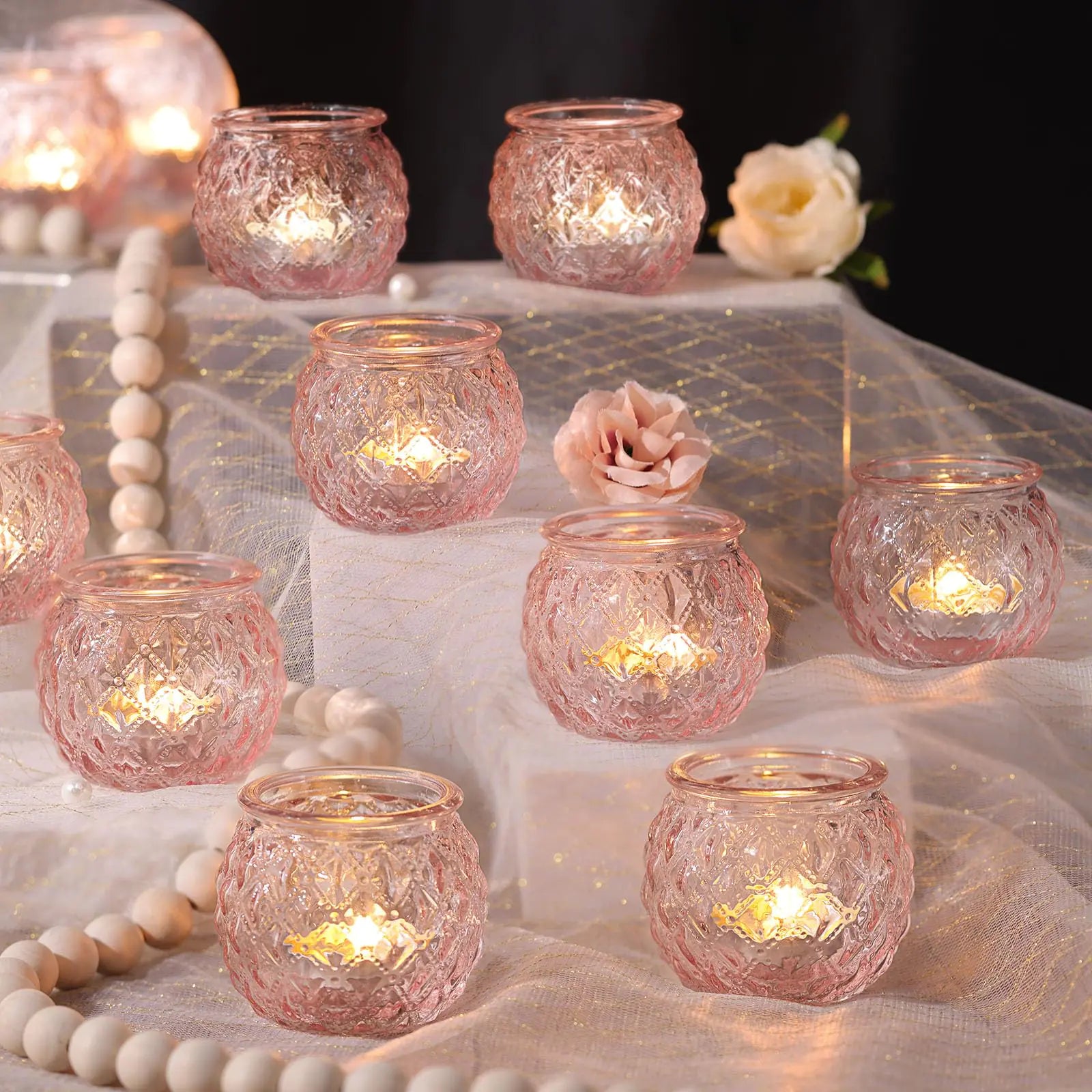 DARJEN 12Pcs Pink Votive Candle Holders - Round Glass Candle Holders for Flameless LED Tea Waxes Romantic Candle Holder for Wedding & Home Table Decor Various Parties