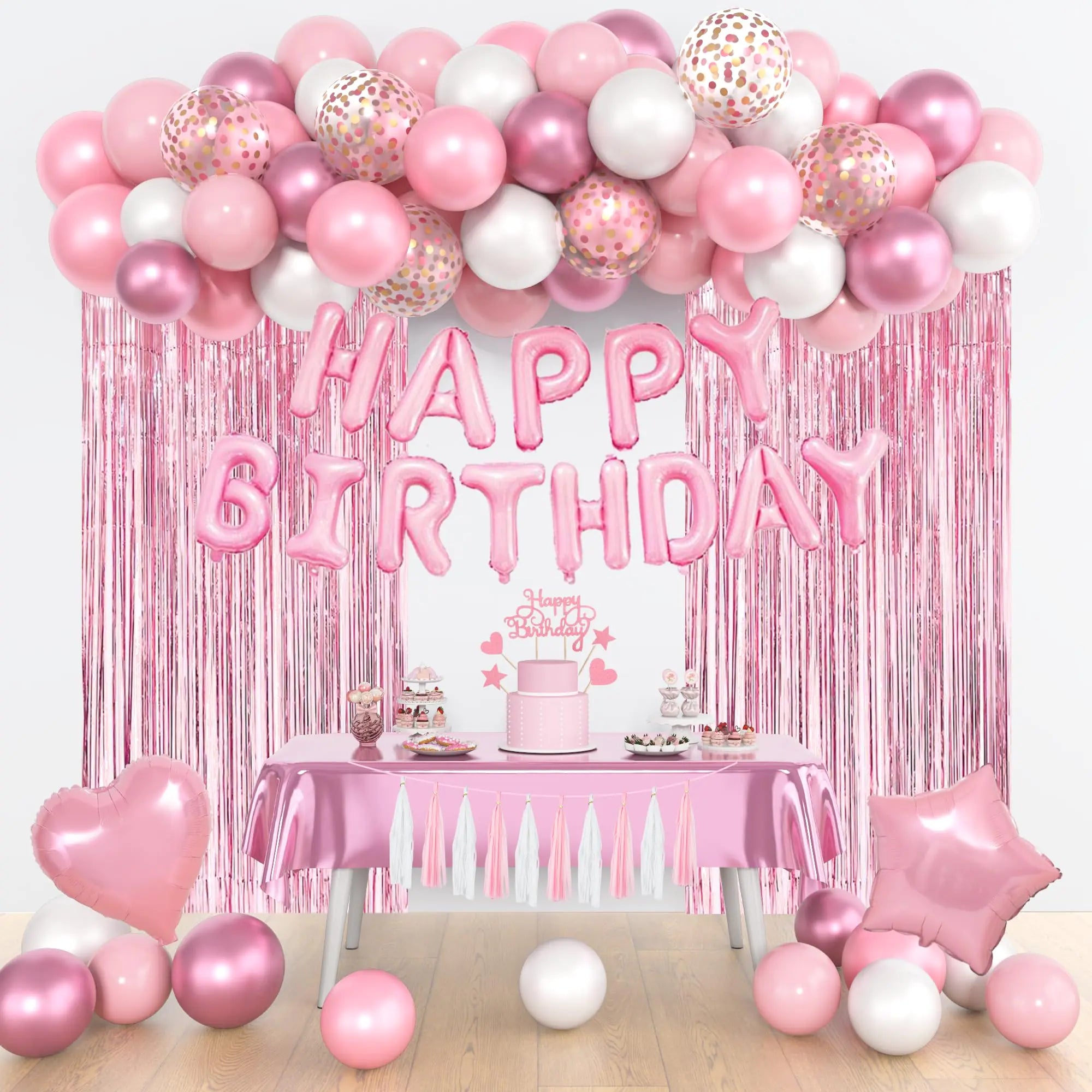 Pink Birthday Party Decorations Happy Birthday Banner Tablecloth Cake Toppers Fringe Curtain Tassels Pink and White Confetti Foil Balloons for Girls Women Wedding Baby Shower Party Supplies