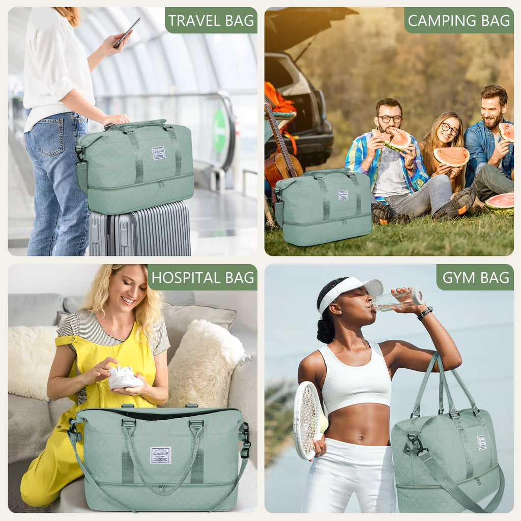 Travel Bag with Shoes Compartment, 40L Weekender Overnight Duffel Bag with Toiletry Bag and Shoes Bag, Gym Bag for Women with Wet Pocket, Personal Carry on Bag for Women, Travel, Gym, Weekend, Blue