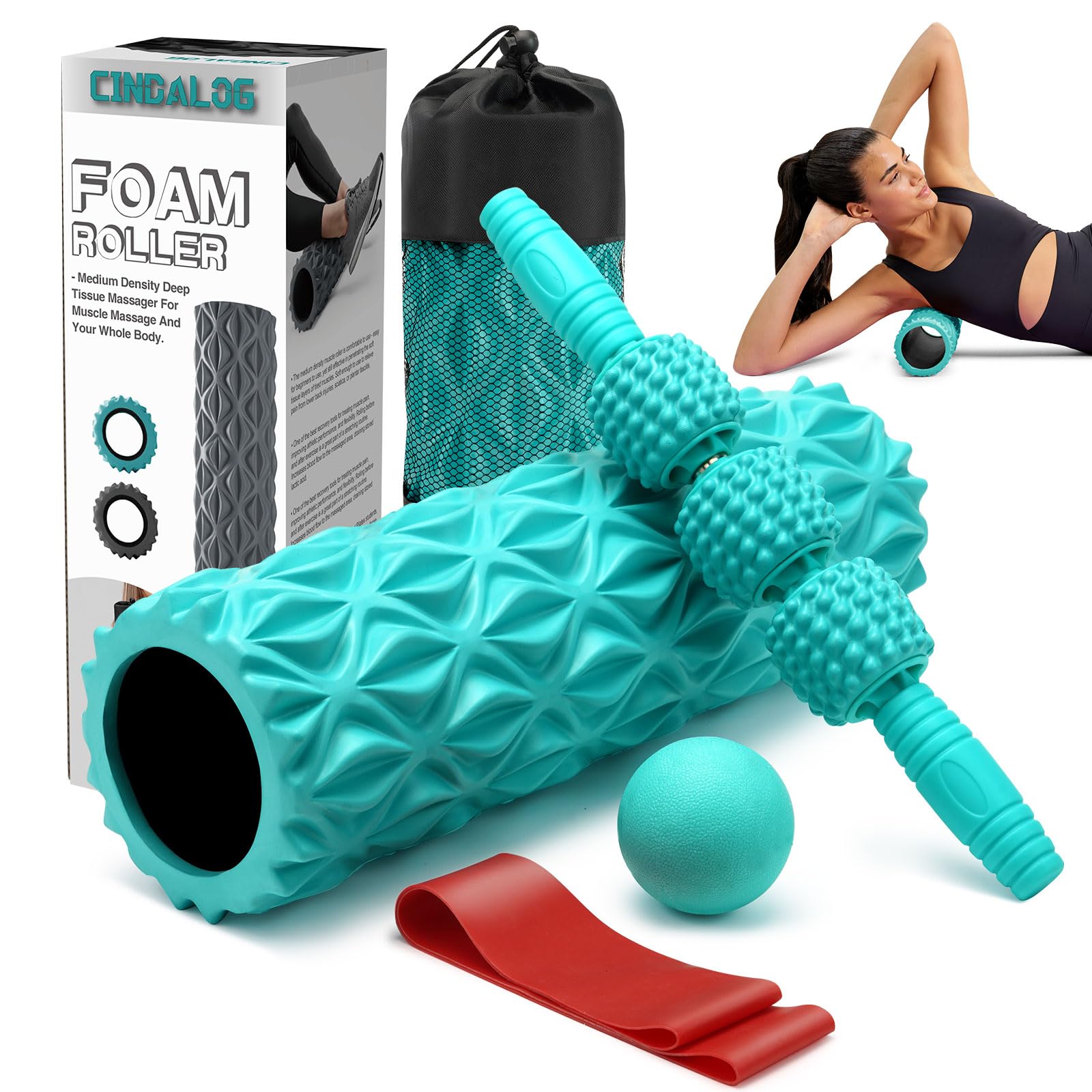 CINDALOG 5 in 1 Foam Roller Set - Trigger Point Foam Back Roller Muscle Roller Stick Massage Ball Stretching Band for Deep Muscle Massage Pilates YogaFitness Exercise for Whole Body Release