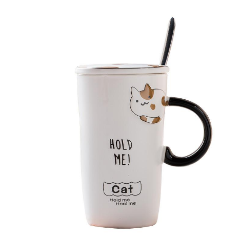 Large Capacity Ceramic Cat Mug with Lid and Spoon