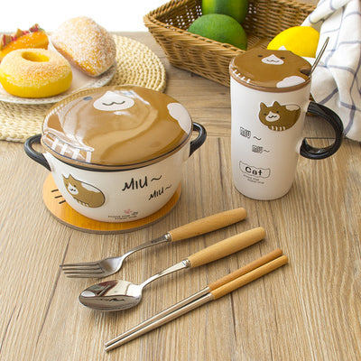 Large Capacity Ceramic Cat Mug with Lid and Spoon