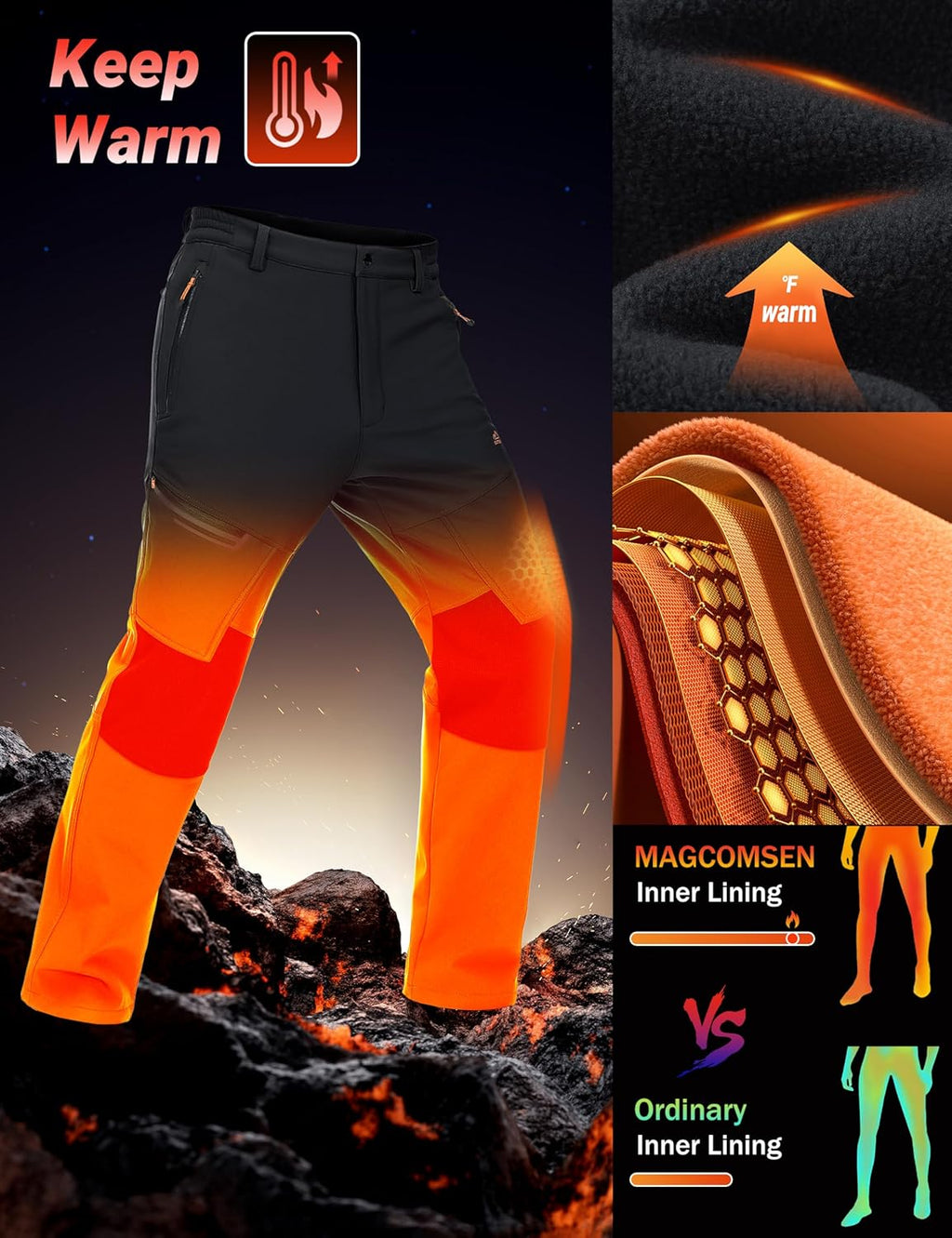 Men'S Winter Pants Fleece Lined Ski Snow Pants Water Resistant 4 Zip Pockets Outdoor Pants