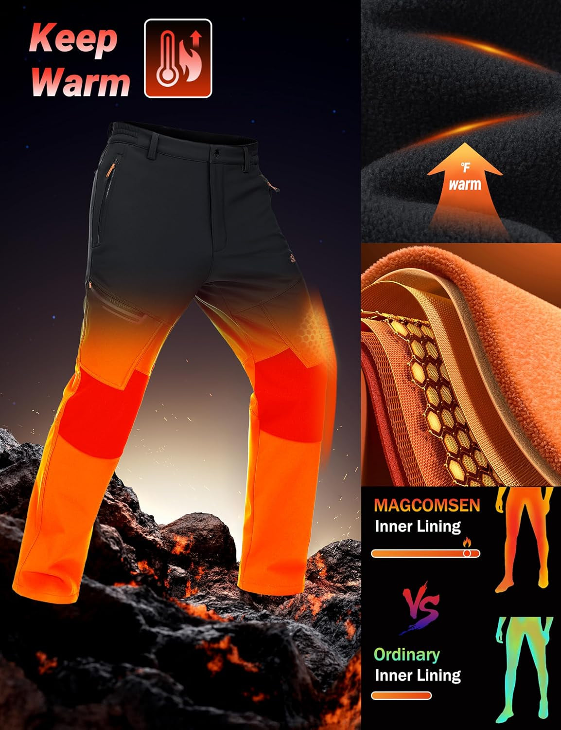 Men'S Winter Pants Fleece Lined Ski Snow Pants Water Resistant 4 Zip Pockets Outdoor Pants