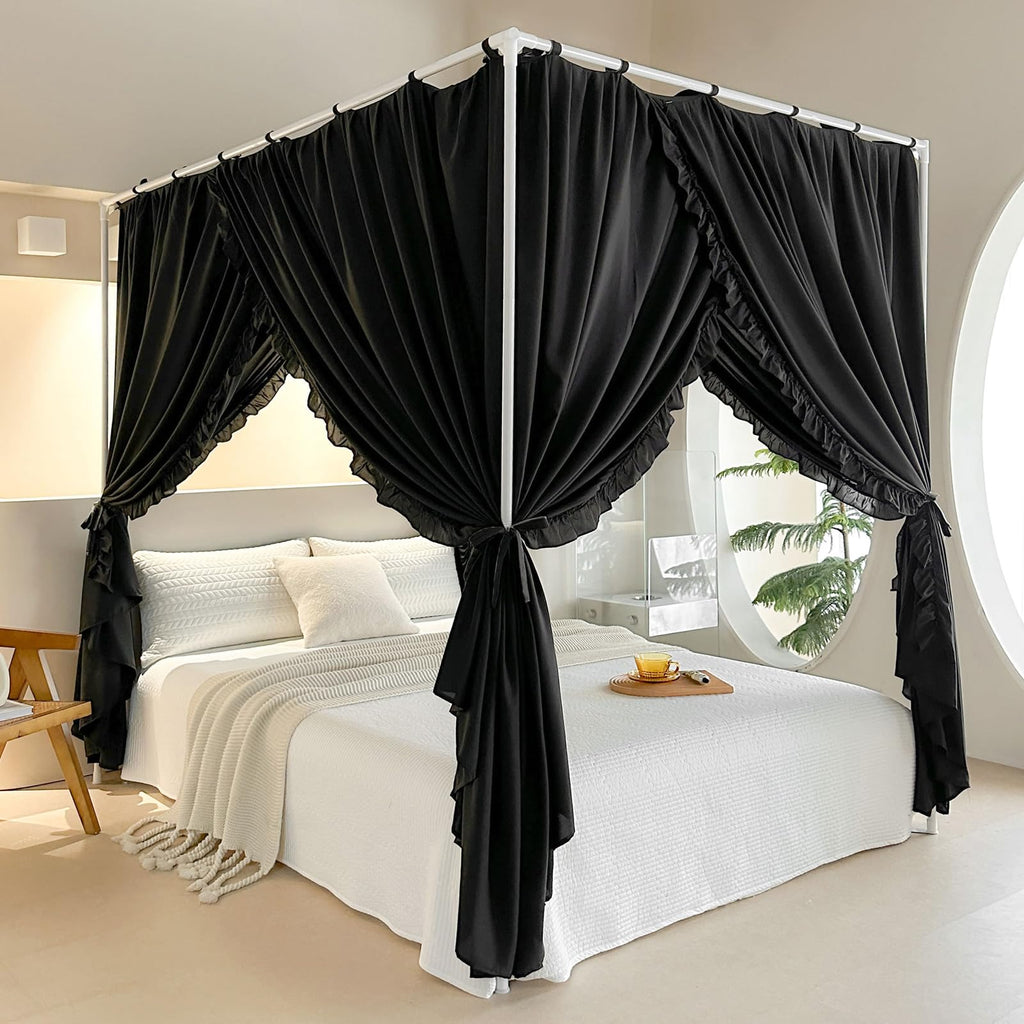 AIKASY Princess Canopy Bed Curtains with Top Ties - Windproof & Lightproof for Girls Adult Bedroom Decor | Bed Canopy Drapes (KingBlack)