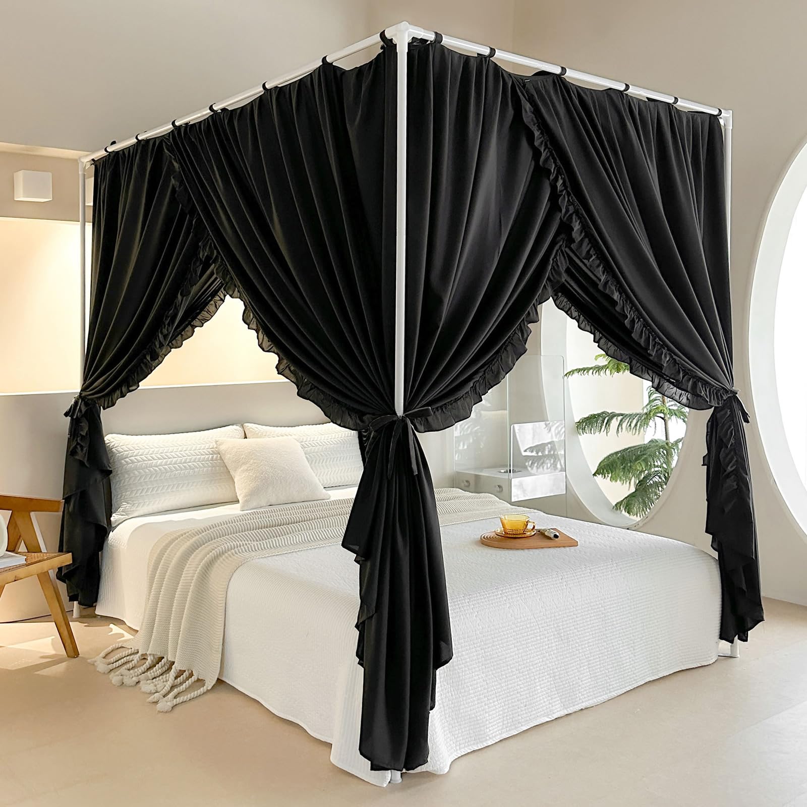 AIKASY Princess Canopy Bed Curtains with Top Ties - Windproof & Lightproof for Girls Adult Bedroom Decor | Bed Canopy Drapes (KingBlack)