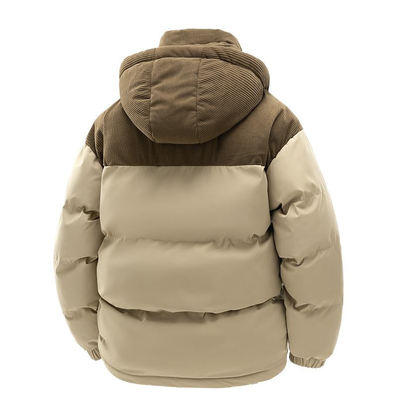 Winter Hooded Casual Fleece-Lined Men'S Coat,Removable Hood,Warm Color-Blocked Cotton Jacketcouples' Style Winter Cotton Coat, Outerwear Top.