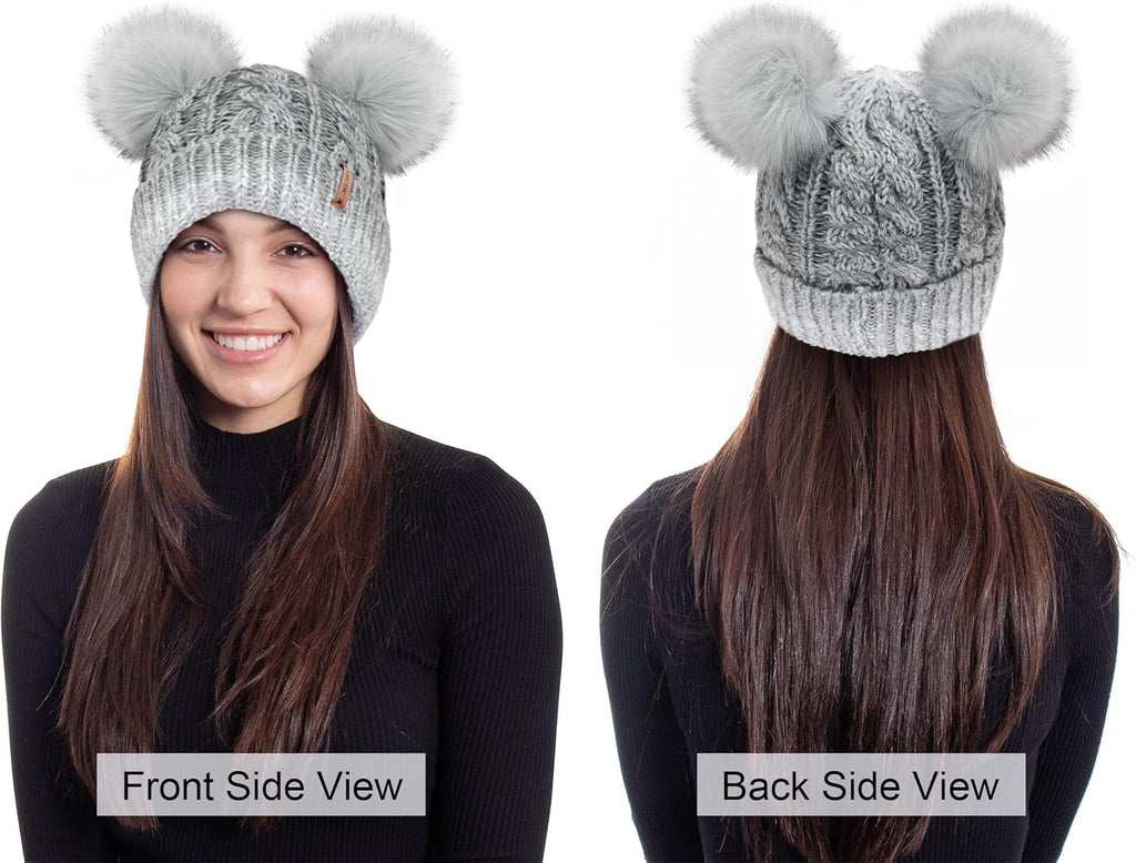 Pom Pom Beanie Cable Knit Fleece Lined Winter Beanie Women Hat