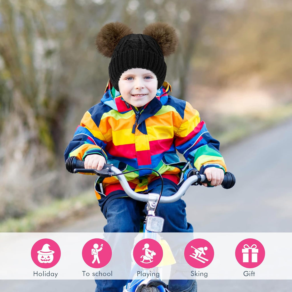 Warm Kids Boys Girls Winter Hat with Pompom Ears Elastic Knitted Toddler Beanie Hats for Girls Boys